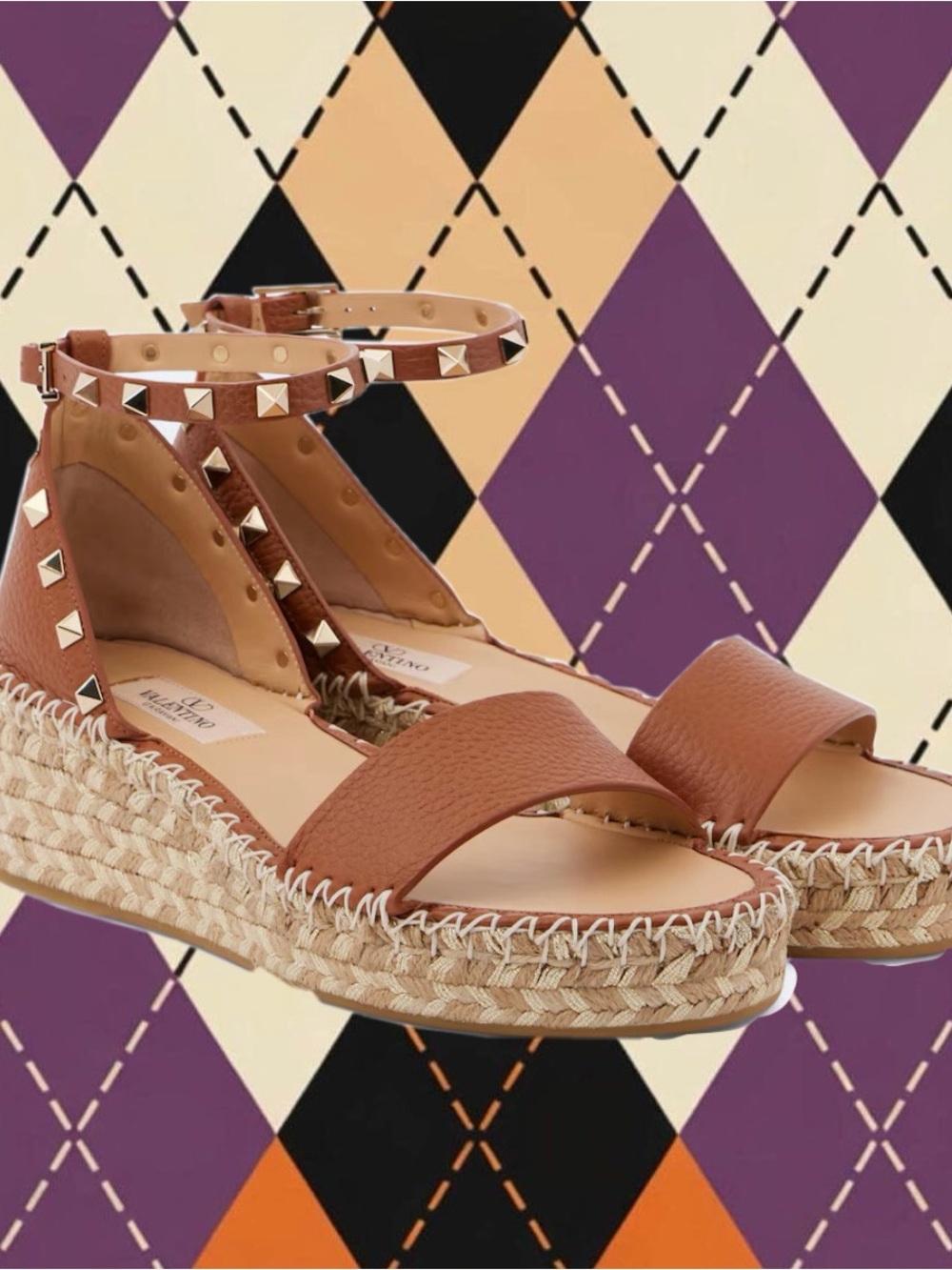 Valentino Garavani Brown Leather Rockstud Espadrille Wedge Sandals